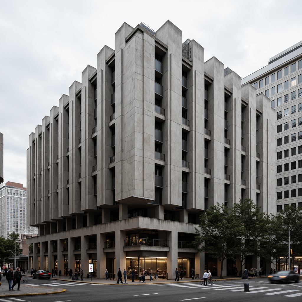 Prompt: Exposed concrete walls, rugged textures, monumental scale, fortress-like architecture, dramatic cantilevers, chunky columns, brutalist fa\u00e7ade, geometric shapes, raw industrial materials, urban cityscape, overcast sky, high contrast lighting, deep shadows, 3/4 composition, wide-angle lens, realistic rendering, ambient occlusion.