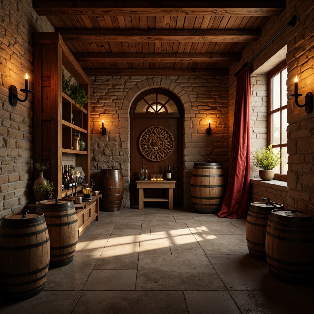 Prompt: Rustic winery, earthy tones, wooden barrels, stone walls, vintage metal equipment, rich velvet drapes, distressed wood textures, warm candlelight, soft golden lighting, shallow depth of field, 1/1 composition, intimate atmosphere, realistic rendering, ambient occlusion, natural stone flooring, dimly lit cellar, aged brick architecture, ornate wooden decorations, lavish furnishings, intricate carvings, expressive brushstrokes.