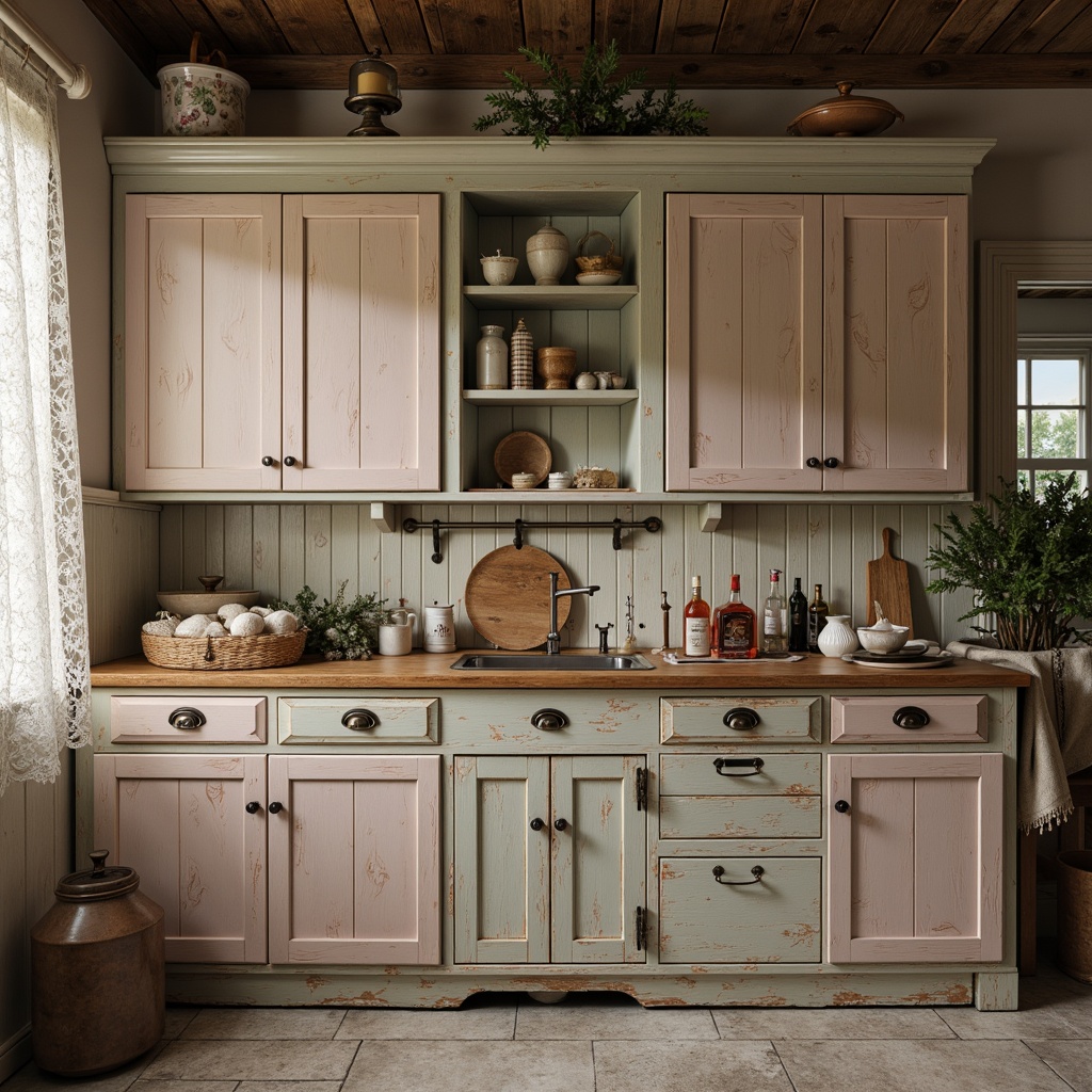 Prompt: Distressed wooden cabinets, vintage metal washers, lace curtains, soft pastel colors, distressed finishes, ornate metal hardware, delicate porcelain knobs, floral patterns, ruffled fabrics, worn stone floors, rustic wooden beams, warm candlelight, soft focus, shallow depth of field, 1/1 composition, romantic textures, ambient occlusion.