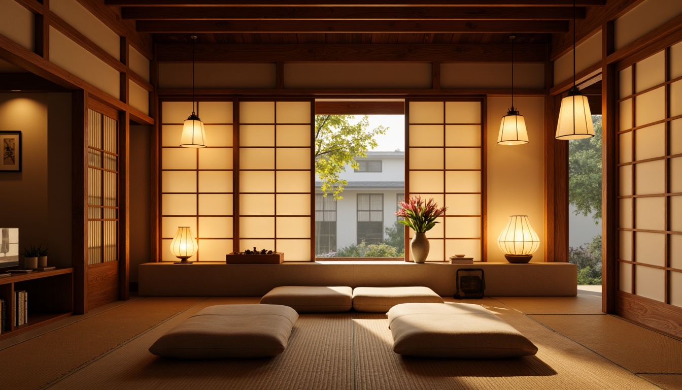 Prompt: Traditional Japanese lanterns, warm soft glow, paper-thin shades, natural wood accents, minimalist decor, subtle lighting effects, rice paper walls, sliding doors, Tatami mats, Shoji screens, low seating areas, tranquil ambiance, cozy atmosphere, warm beige tones, gentle diffused light, 1/1 composition, intimate setting, realistic textures, ambient occlusion.