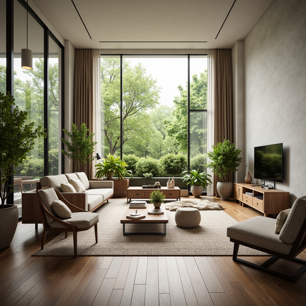 Prompt: Harmonious living room, spacious floor plan, minimalist decor, large windows, natural light, comfortable seating area, sleek TV stand, modern coffee table, vibrant greenery, soft warm lighting, shallow depth of field, 3/4 composition, panoramic view, realistic textures, ambient occlusion.