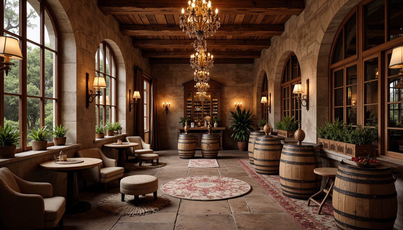 Prompt: Distressed wooden walls, vintage wine barrels, soft warm lighting, rustic stone floors, elegant chandeliers, rich wood tones, ornate metalwork, plush area rugs, antique furniture pieces, weathered brick accents, earthy color palette, cozy intimate atmosphere, dramatic archways, ornate mirrors, luxurious velvet drapes, refined gold hardware, sophisticated wine storage systems.