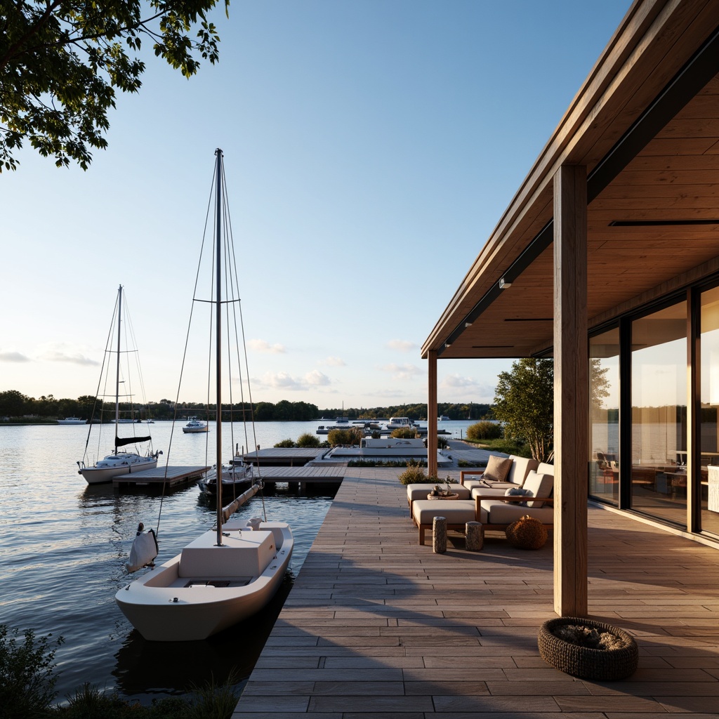 Prompt: Waterfront location, serene lake views, wooden docks, sailboats, minimalist boathouse design, clean lines, simple shapes, natural materials, reclaimed wood accents, industrial metal frames, floor-to-ceiling windows, sliding glass doors, cozy interior spaces, warm ambient lighting, soft textiles, nautical color palette, calm atmosphere, shallow depth of field, 2/3 composition, soft focus effect, realistic water reflections, subtle ripples.