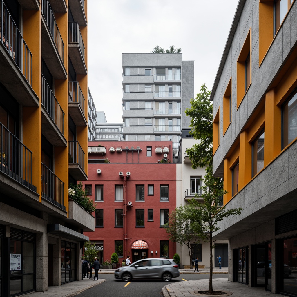 Prompt: Angular buildings, rectangular forms, circular accents, triangular compositions, bold color blocking, primary color schemes, minimalist ornamentation, industrial materials, exposed pipes, functional simplicity, brutalist concrete, steel beams, geometric patterns, chevron motifs, diagonal lines, asymmetrical balance, dramatic shadows, high-contrast lighting, urban cityscape, modern metropolitan backdrop, 1/1 composition, low-angle shot, moody atmospheric effects.