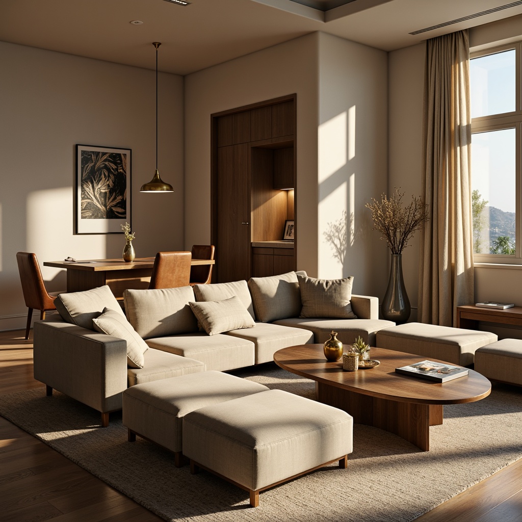 Prompt: Luxurious living room, plush velvet sofas, sleek wooden coffee tables, metallic legs, soft golden lighting, comfortable cushions, ergonomic chairs, minimalist decor, natural fabric upholstery, rich leather accents, modern abstract art, stylish vases, elegant floor lamps, subtle color palette, warm beige tones, 3/4 composition, shallow depth of field, realistic textures, ambient occlusion.