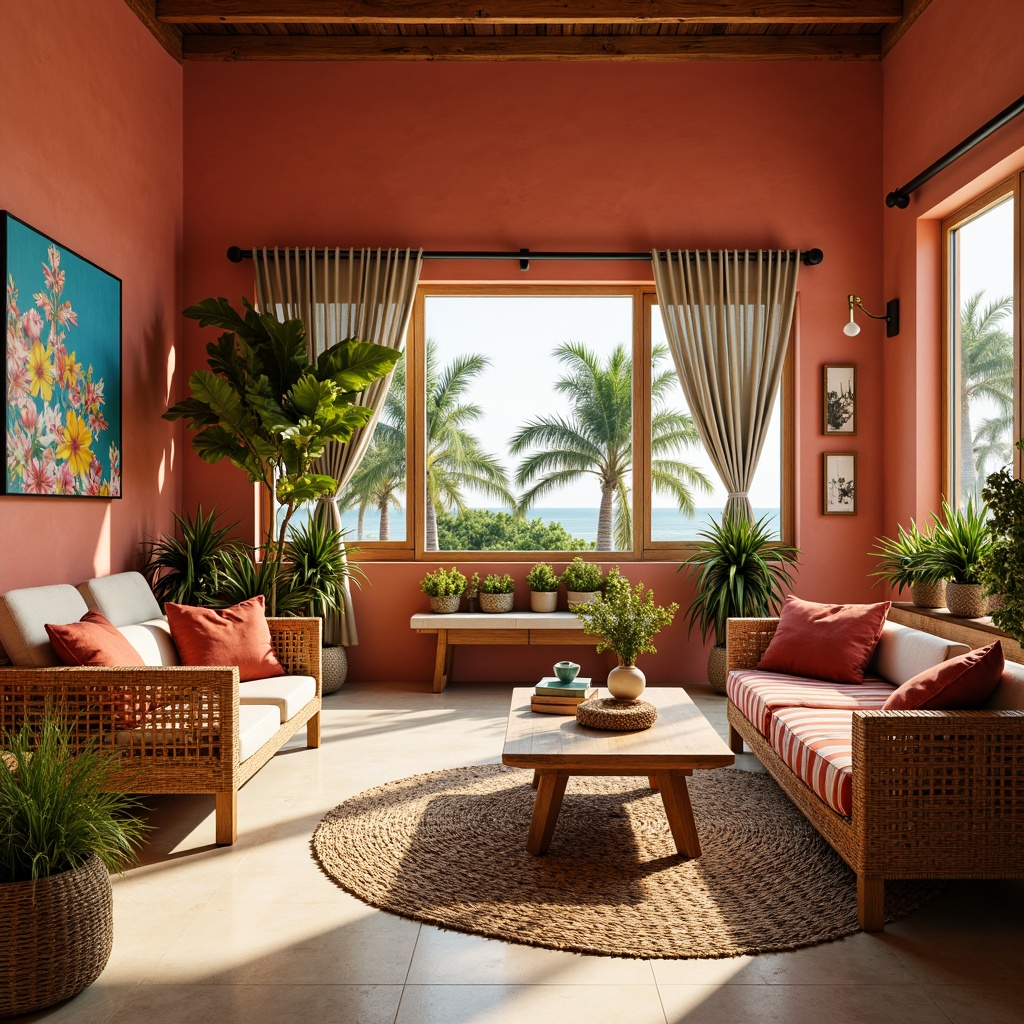 Prompt: Vibrant tropical dorm, bright coral walls, warm sandy floors, lush greenery, exotic palm trees, colorful floral patterns, rattan furniture, woven textiles, natural wood accents, ocean-inspired blues, sunny yellow hues, creamy white tones, soft pastel shades, ambient warm lighting, cozy reading nooks, plush area rugs, eclectic global decor, refreshing misting system, panoramic window views, 1/1 composition, realistic textures, ambient occlusion.