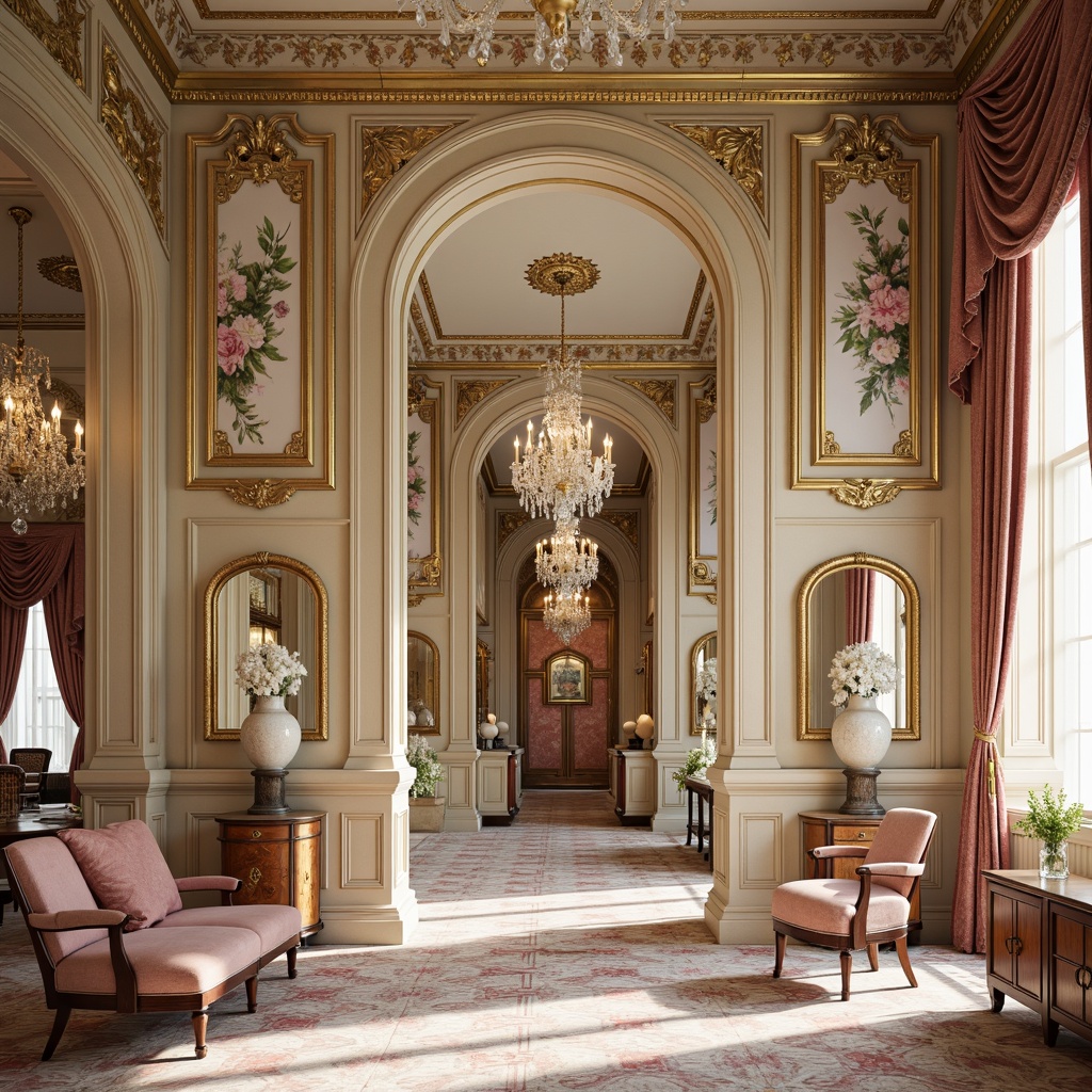 Prompt: Luxurious gold leaf accents, ornate mirrors, delicate florals, soft pastel hues, intricate moldings, velvet drapes, crystal chandeliers, marble columns, ornamental plasterwork, lavish furnishings, rich textiles, antique gilded frames, elegant archways, curved lines, whimsical patterns, opulent materials, dramatic lighting effects, warm ambient glow, shallow depth of field, 1/2 composition, realistic textures, ambient occlusion.