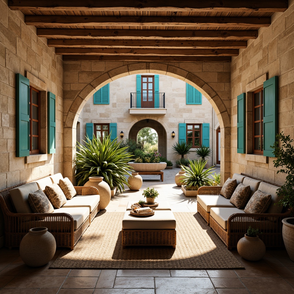 Prompt: Rustic Mediterranean villa, weathered stone walls, distressed wooden beams, ornate tile flooring, vibrant turquoise accents, plush velvet furnishings, natural fiber textiles, woven rattan furniture, earthy terracotta pots, lush greenery, sunny atrium, warm golden lighting, shallow depth of field, 1/2 composition, realistic textures, ambient occlusion.