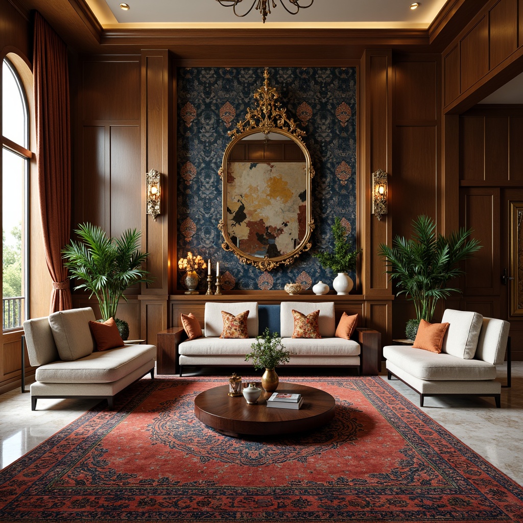 Prompt: Luxurious living room, intricate geometric patterns, vibrant colorful textiles, bold wallpaper designs, statement furniture pieces, ornate mirrors, metallic accents, ambient lighting, plush rugs, comfortable seating areas, natural stone flooring, wooden paneling, modern minimalism, eclectic global styles, abstract artwork, decorative vases, lush greenery, warm neutral tones, shallow depth of field, 1/1 composition, softbox lighting, realistic textures, subtle reflections.