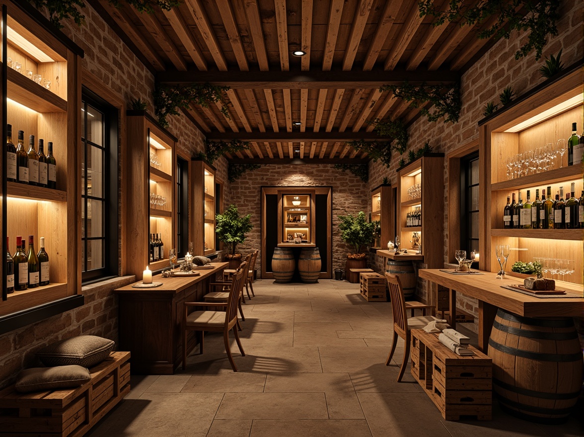 Prompt: Rustic wine cellar, distressed wood shelving, ornate metal brackets, vintage wine barrels, dim warm lighting, earthy stone walls, reclaimed wood flooring, soft candlelight, romantic ambiance, decorative grapevine patterns, elegant wine glass displays, rich velvet drapes, antique wooden crates, natural linen textiles, cozy reading nooks, warm beige colors, inviting atmosphere, 3/4 composition, shallow depth of field.