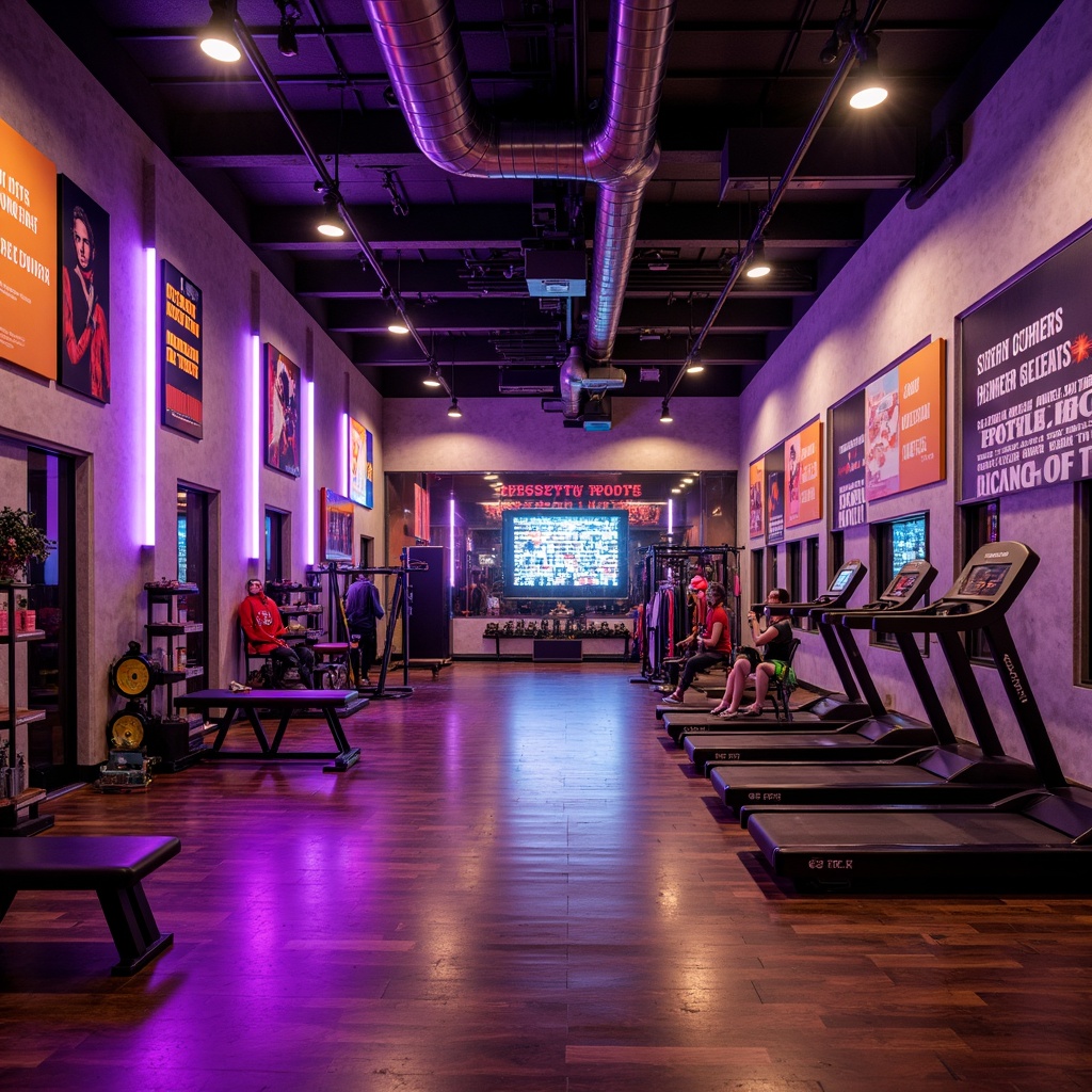 Prompt: Vibrant fitness club, energetic atmosphere, bold color scheme, neon accents, dark wood flooring, metallic equipment, sleek mirrors, motivational quotes, athletic wear displays, modern industrial design, exposed ductwork, concrete walls, bright overhead lighting, warm tone spotlights, 1/2 composition, shallow depth of field, realistic textures.