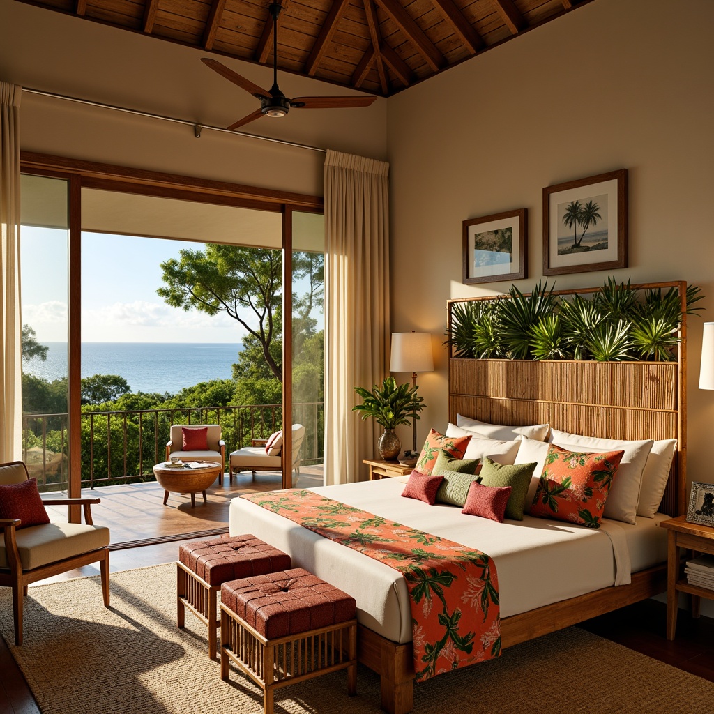 Prompt: Tropical bedroom, bamboo furniture, woven rattan chairs, palm tree-inspired headboard, natural wood accents, vibrant colorful textiles, floral patterns, exotic leaf motifs, soft golden lighting, warm beige walls, lush greenery views, sliding glass doors, ocean breeze sounds, relaxed ambiance, coastal vibe, reclaimed wood flooring, woven jute rug, plush throw pillows, airy ceiling fan, nature-inspired decorative accessories.