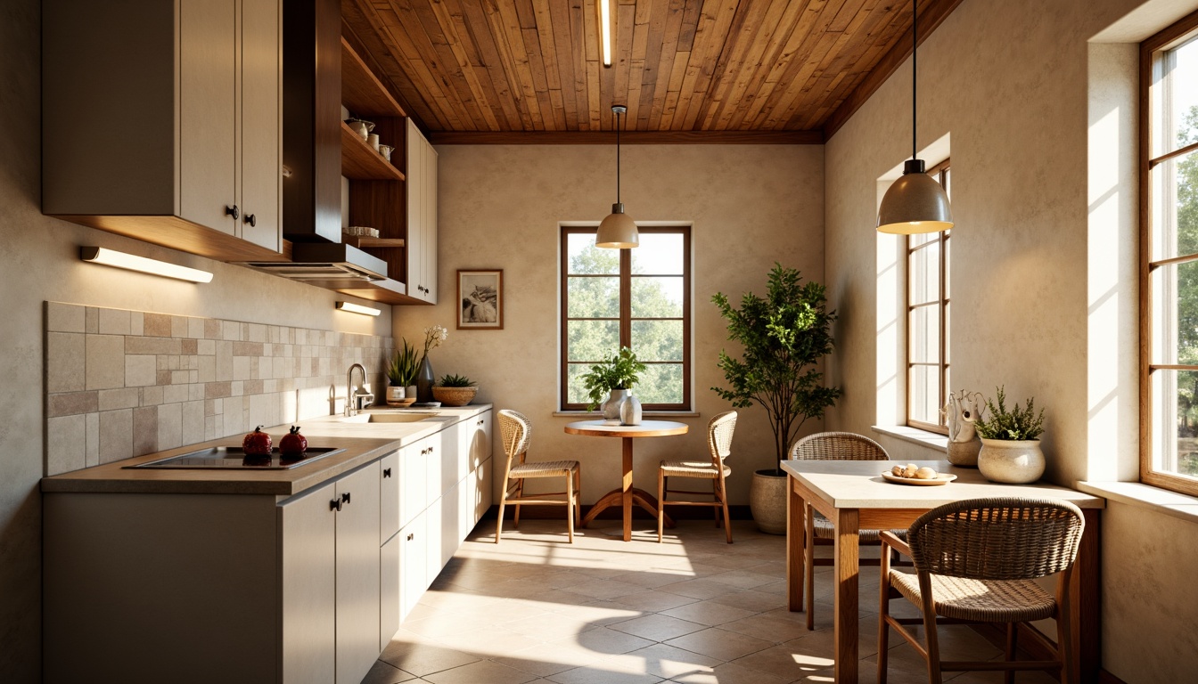 Prompt: Cozy breakfast nook, warm beige walls, rustic wooden accents, elegant ceramic tiles, hexagonal pattern, soft cream grout, natural stone countertops, farmhouse sink, pendant lighting, woven wicker furniture, plush throw pillows, sunny morning light, shallow depth of field, 1/1 composition, realistic textures, ambient occlusion.