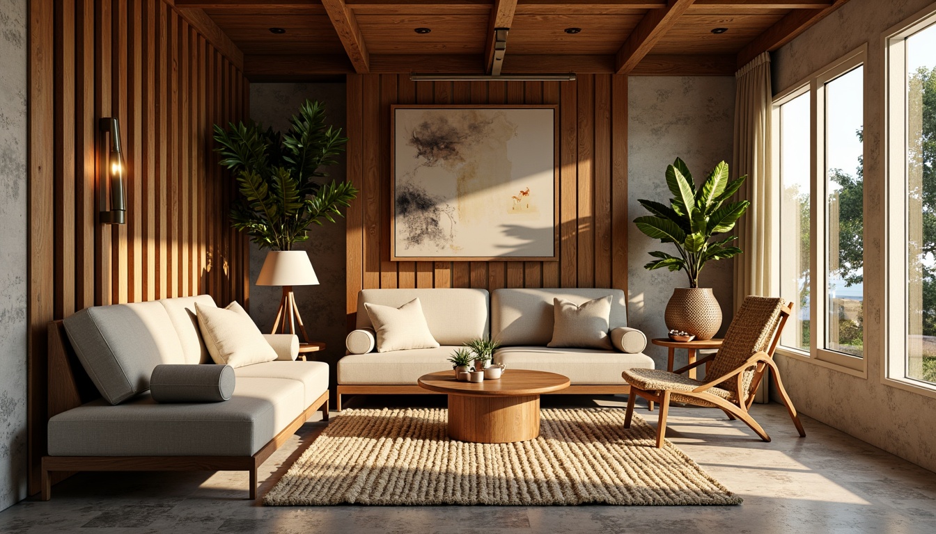 Prompt: Warm wood accents, organic shapes, earthy tones, vintage furniture pieces, woven textiles, rattan chairs, natural fiber rugs, linen curtains, reclaimed wood walls, geometric patterned tiles, industrial metal lighting, oversized plants, abstract artwork, warm golden lighting, shallow depth of field, 1/1 composition, realistic renderings, ambient occlusion.