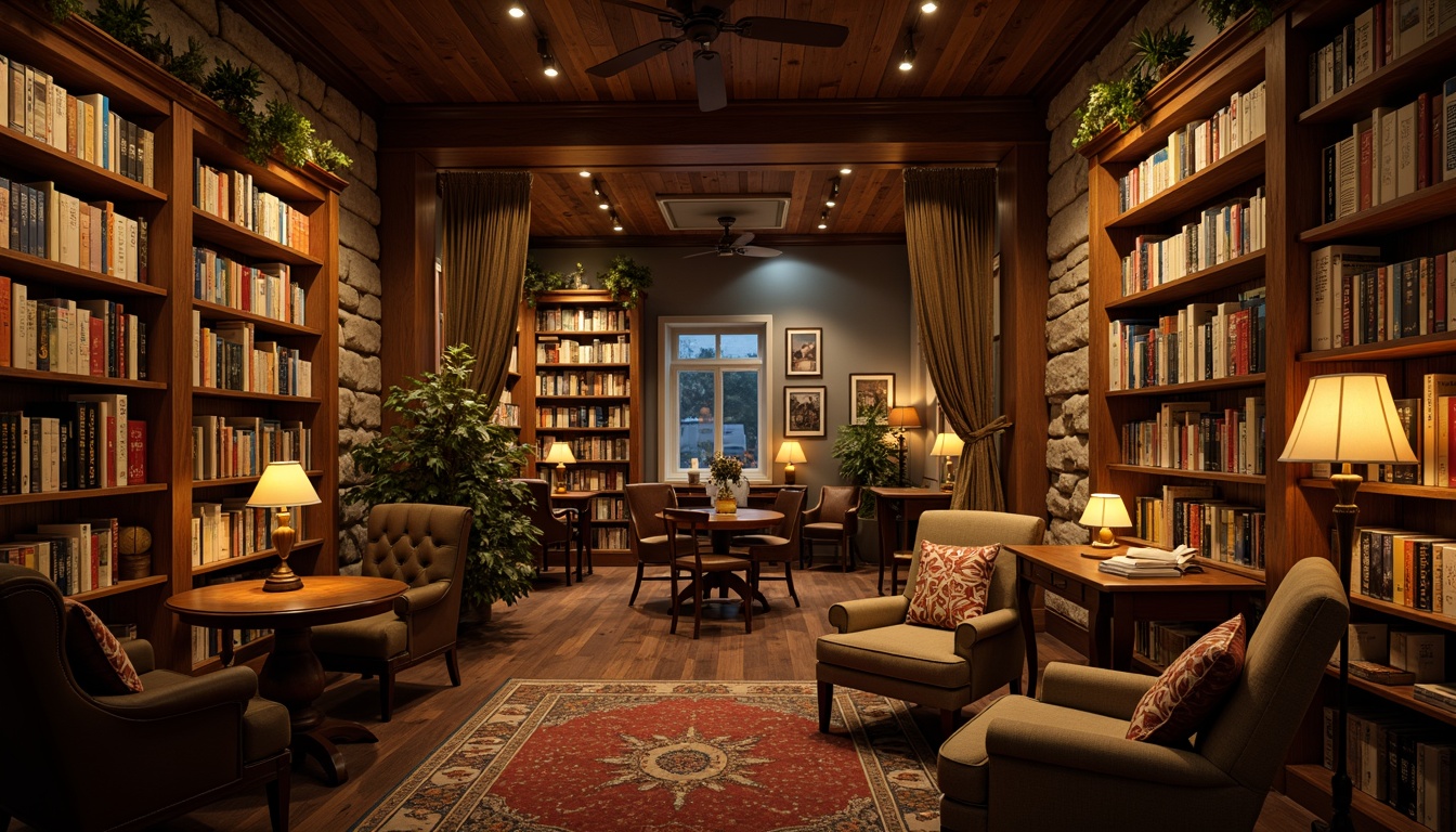 Prompt: Cozy bookstore, traditional wooden shelves, vintage lanterns, warm golden lighting, softbox lights, table lamps, comfortable reading nooks, plush armchairs, rich wood tones, classic literature displays, antique bookcases, rustic stone walls, warm beige colors, soft carpeting, atmospheric fog effect, shallow depth of field, 1/1 composition, intimate mood, realistic textures, ambient occlusion.