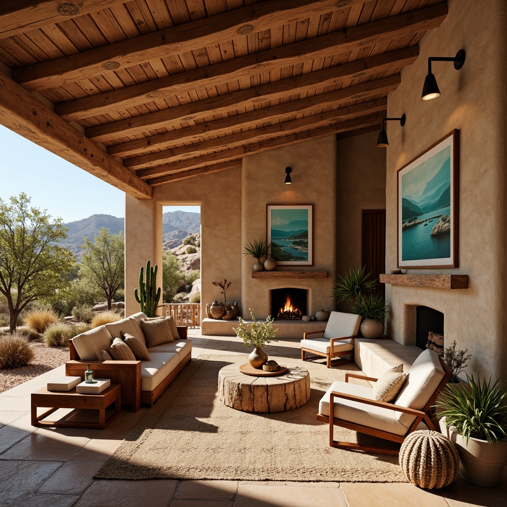 Prompt: Rustic wooden accents, Southwestern charm, warm earthy tones, reclaimed wood textures, natural stone walls, adobe-inspired architecture, cozy fireplaces, woven textiles, vibrant turquoise hues, desert landscape views, sunny afternoon light, soft warm shadows, shallow depth of field, 3/4 composition, realistic wood grain details.