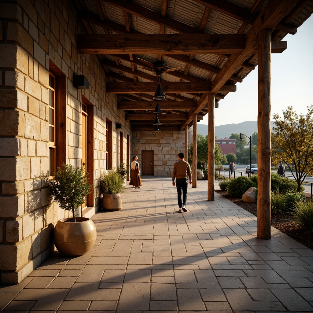 Prompt: Rustic bus station, natural stone walls, wooden beams, earthy tones, traditional roofing materials, clay tiles, corrugated metal sheets, recycled wood accents, organic textures, local craftsmanship, cultural heritage inspiration, warm ambient lighting, soft shadows, shallow depth of field, 2/3 composition, realistic weathering effects.