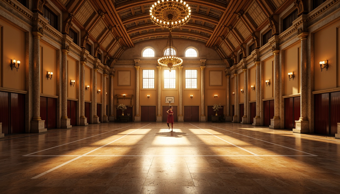 Prompt: Elegant gymnasium, ornate chandeliers, warm golden lighting, classical columns, high ceilings, grand archways, marble floors, intricate moldings, luxurious fabrics, rich wood tones, athletic equipment, basketball courts, running tracks, mirrored walls, softbox lights, pendant lamps, dramatic shadows, 1/2 composition, shallow depth of field, realistic textures, ambient occlusion.