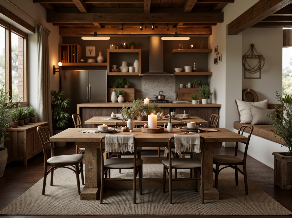 Prompt: Rustic wooden tables, vintage metal chairs, distressed finishes, natural textiles, earthy tones, warm candlelight, farmhouse-inspired decor, reclaimed wood accents, stone walls, exposed beams, cozy throw blankets, wildflower arrangements, soft morning light, shallow depth of field, 1/2 composition, warm color palette, realistic wood grains, ambient occlusion.