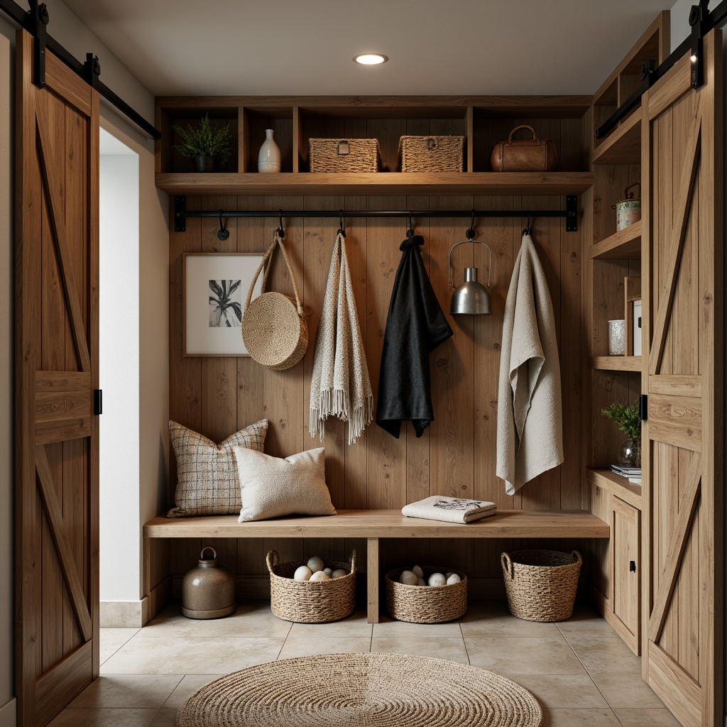 Prompt: Modern mudroom, rustic wooden bench, woven baskets, natural stone flooring, earthy color palette, innovative storage solutions, sliding barn doors, industrial metal shelving, reclaimed wood accents, cozy textiles, ambient warm lighting, shallow depth of field, 1/1 composition, realistic textures, subtle color grading.