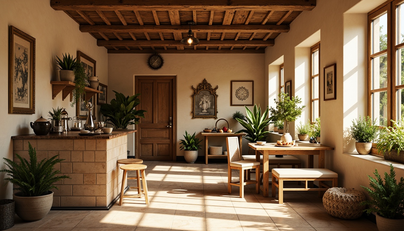 Prompt: Cozy breakfast nook, warm beige walls, soft cream flooring, rustic wooden furniture, vintage metal decorations, delicate ceramic tiles, intricate mosaic patterns, natural stone countertops, earthy greenery, potted plants, warm sunny morning, soft diffused lighting, shallow depth of field, 1/1 composition, intimate atmosphere, realistic textures.