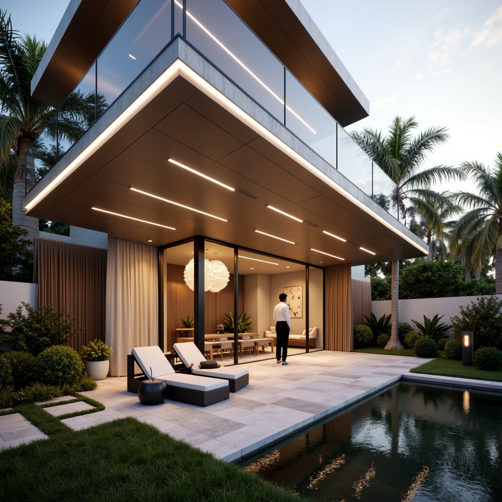 Prompt: Luxurious modern villa, sleek lines, minimalist facade, floor-to-ceiling windows, sliding glass doors, warm ambient lighting, soft LED strips, recessed ceiling lights, crystal chandeliers, marble floors, luxurious textiles, plush furnishings, private courtyard, lush greenery, natural stone walls, serene water features, misty morning atmosphere, golden hour lighting, shallow depth of field, 1/2 composition, realistic textures, subtle shadows.