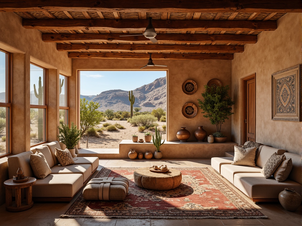 Prompt: Warm wooden accents, rich brown tones, Southwestern-inspired design, rustic textures, natural materials, earthy color palette, cozy ambiance, desert landscape, sandy dunes, cactus plants, warm sunny day, clear blue sky, vintage decorative elements, woven textiles, geometric patterns, adobe-style architecture, earth-toned stucco walls, wooden beam ceilings, clay pottery accents, soft warm lighting, shallow depth of field, 3/4 composition, realistic textures, ambient occlusion.