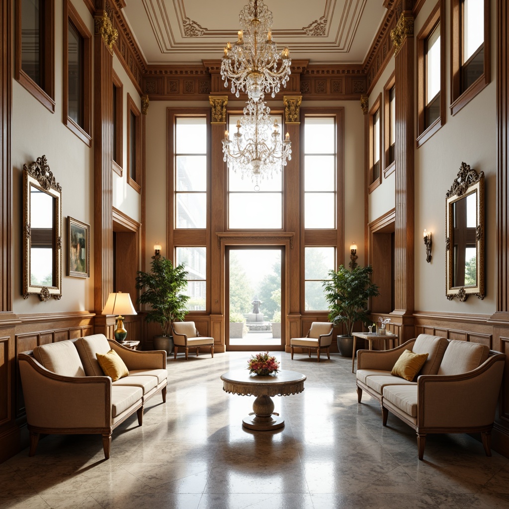 Prompt: Elegant neoclassical interior, ornate wooden furniture, carved mahogany panels, velvet upholstered sofas, gilded mirrors, crystal chandeliers, marble floors, grandiose columns, high ceilings, symmetrical layout, natural light pouring through large windows, subtle warm lighting, 1/1 composition, realistic textures, ambient occlusion, refined color palette, soft pastel hues, creamy whites, rich gold accents.