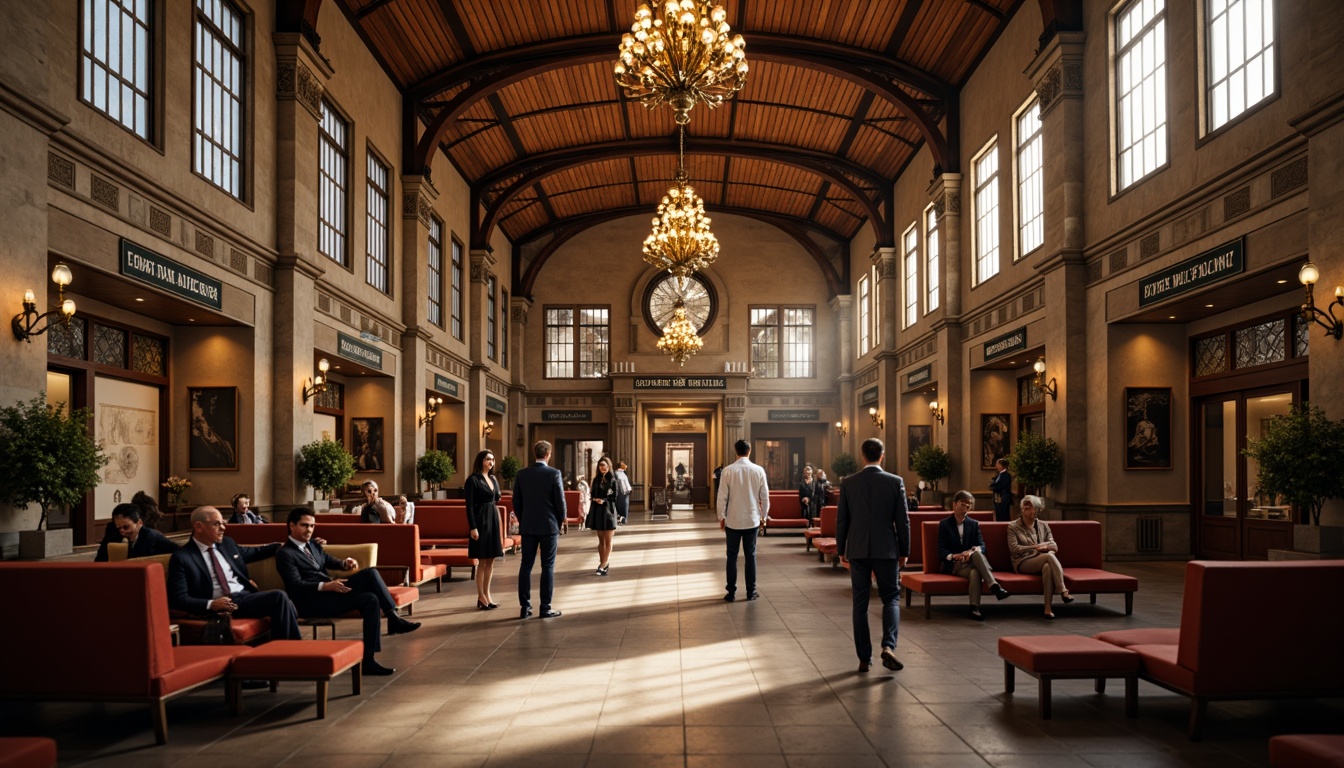 Prompt: Sophisticated train station interior, grand high ceilings, ornate chandeliers, luxurious wood paneling, rich fabric upholstery, stately stone columns, refined metal accents, vintage luggage racks, classic clock towers, elegant signage, warm ambient lighting, shallow depth of field, 1/1 composition, realistic textures, soft focus background, muted earth tones, sophisticated academic atmosphere.