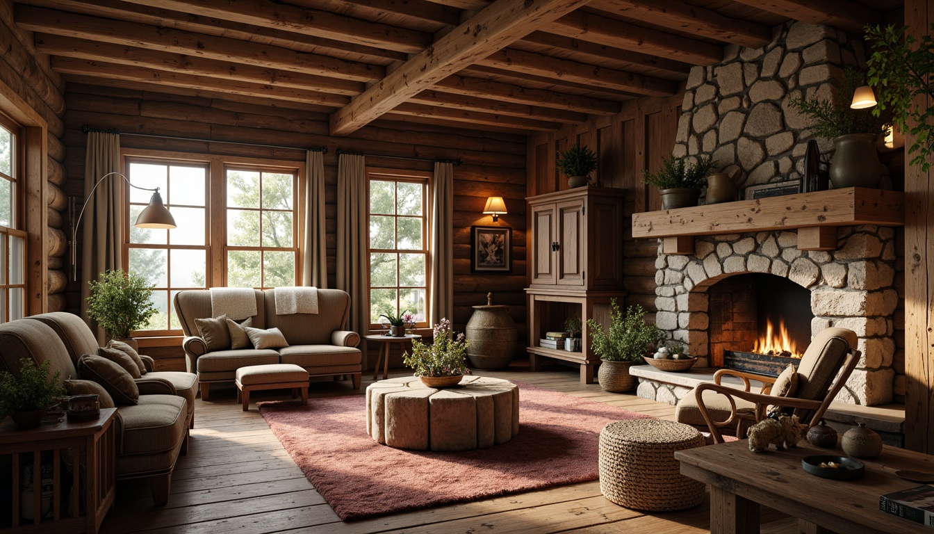 Prompt: Rustic cabin, wooden accents, natural textures, earthy tones, vintage furniture pieces, distressed finishes, ornate carvings, plush upholstery, warm lighting, cozy atmosphere, stone fireplace, wooden beams, natural fabrics, woven baskets, antique decor, country-inspired motifs, earthy color palette, soft warm lighting, shallow depth of field, 3/4 composition, realistic textures, ambient occlusion.