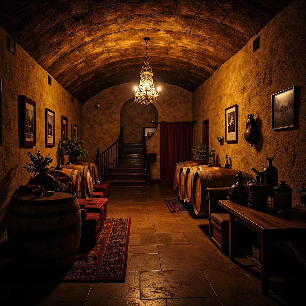 Prompt: Dimly lit wine cellar, rustic stone walls, wooden barrels, vintage winemaking equipment, soft warm glow, golden hour lighting, dramatic shadows, bold color contrasts, eclectic decorative elements, distressed textures, ornate metalwork, lavish chandeliers, grand staircases, opulent furnishings, rich wood tones, velvety drapes, moody atmospheric effects, cinematic composition, low-key illumination, ambient occlusion.