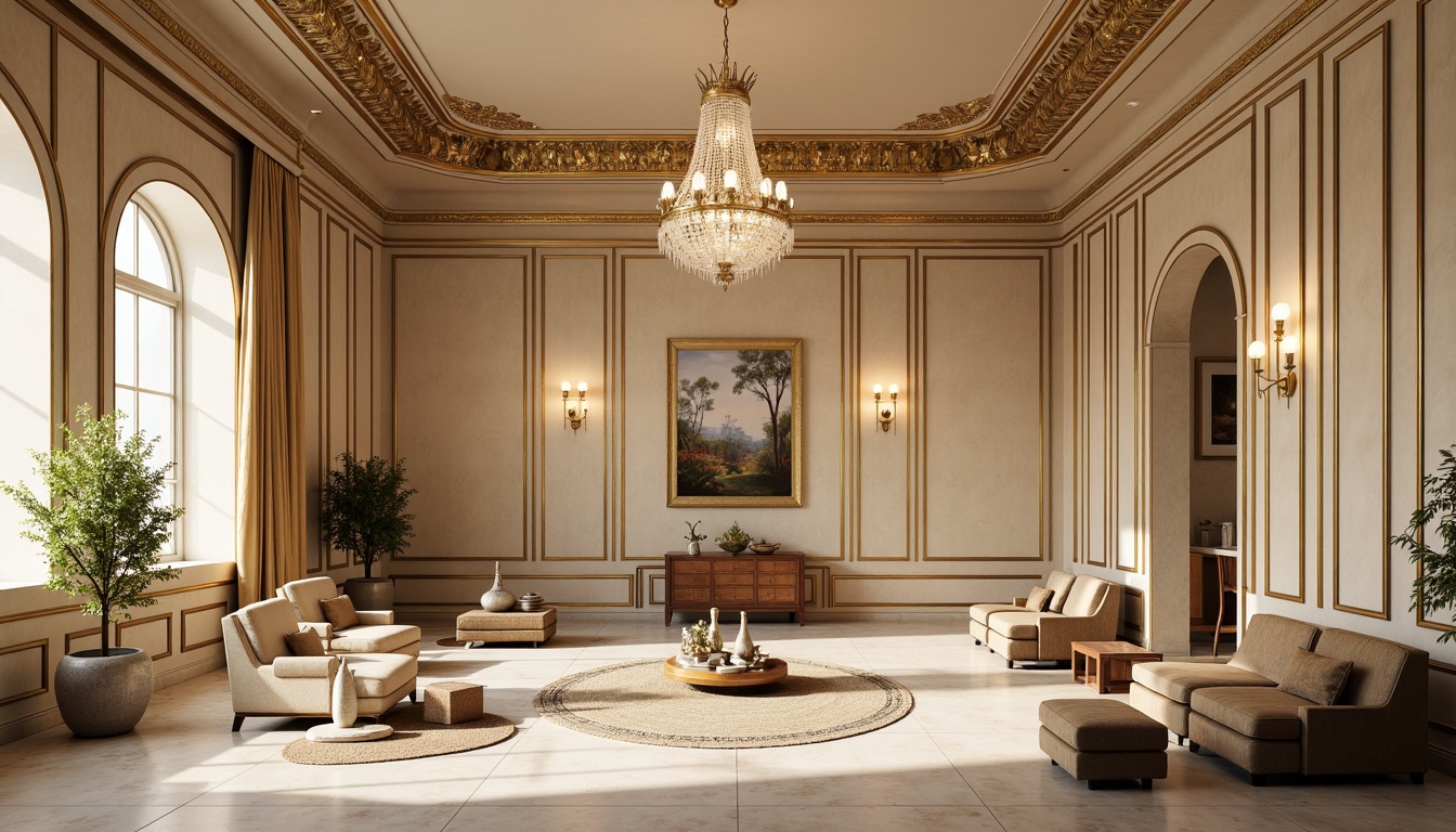 Prompt: Elegant interior, neoclassical style, rich wood tones, ornate moldings, crystal chandeliers, soft golden lighting, cream-colored walls, velvet upholstery, intricate patterns, marble floors, decorative archways, luxurious fabrics, subtle sheen, muted color scheme, beige accents, ivory whites, warm neutrals, classic proportions, symmetrical compositions, high ceilings, grand windows, opulent drapery, sophisticated ambiance, refined details.