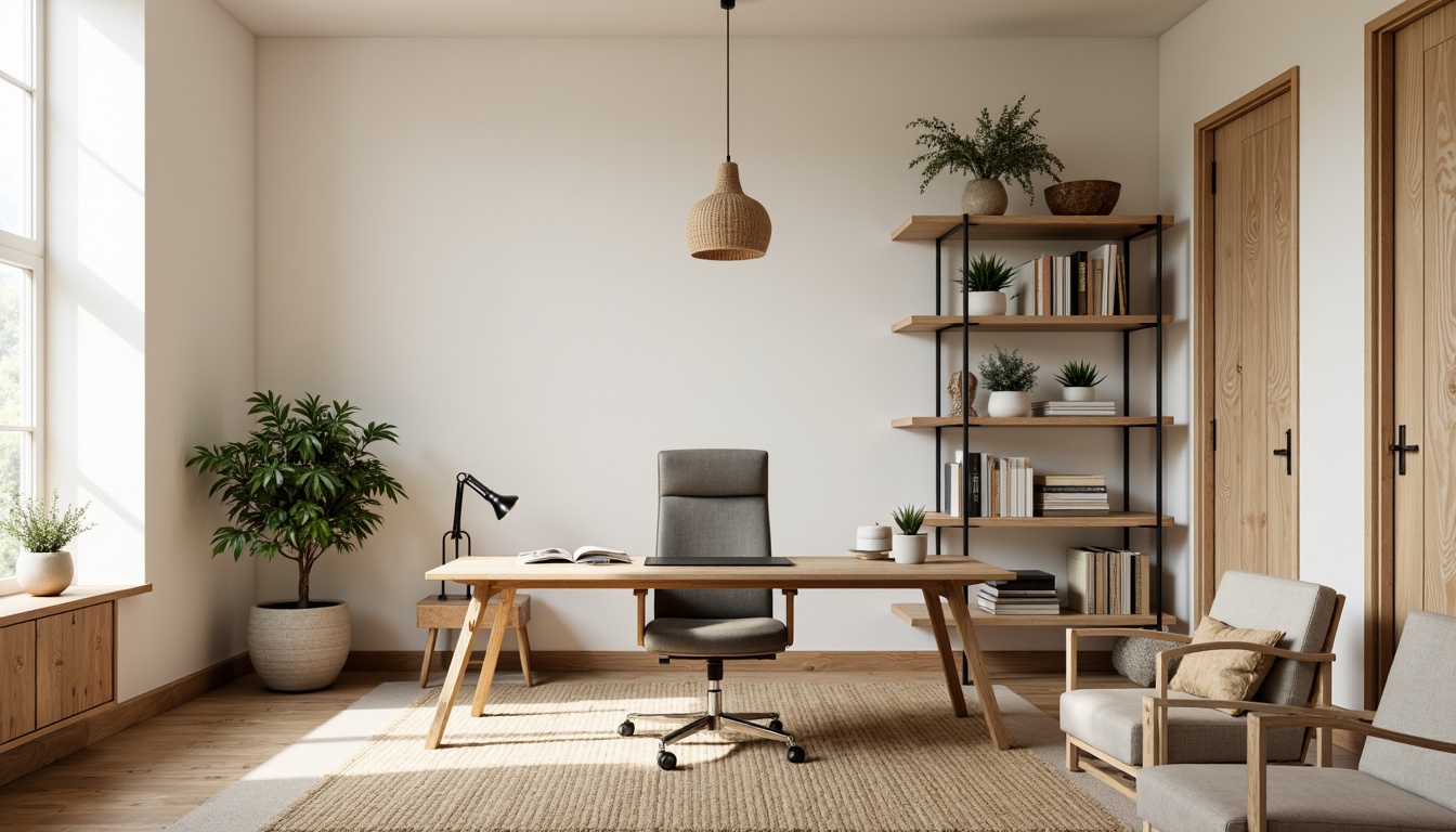 Prompt: Minimalist home office, sleek wooden desk, ergonomic chair, natural fiber rug, industrial metal shelving, reclaimed wood accent wall, creamy white walls, floor-to-ceiling windows, soft diffused lighting, warm beige tones, subtle texture contrasts, matte black hardware, polished chrome accents, woven fabric upholstery, organic shapes, modern minimalist decor, 1/1 composition, shallow depth of field, realistic textures, ambient occlusion.