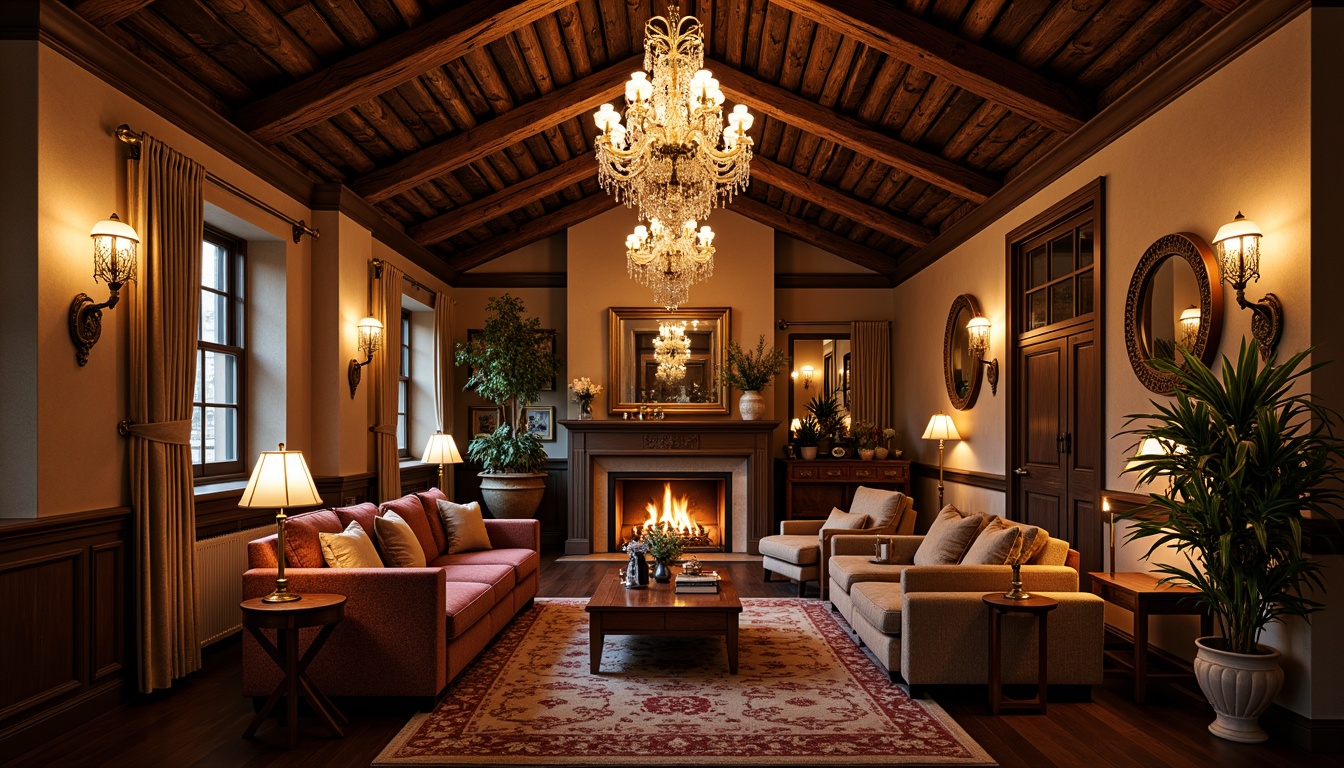 Prompt: Warm traditional hospitality atmosphere, elegant chandeliers, rustic wooden beams, cozy fireplaces, plush furnishings, ornate mirrors, luxurious textiles, subtle aromas, soft warm lighting, golden lamp shades, crystal droplets, ambient glow, dramatic high ceilings, opulent materials, rich wood tones, classic architectural details, inviting communal areas, intimate seating nooks, lavish decor, sophisticated color palette, 3/4 composition, shallow depth of field, panoramic view, realistic textures, ambient occlusion.