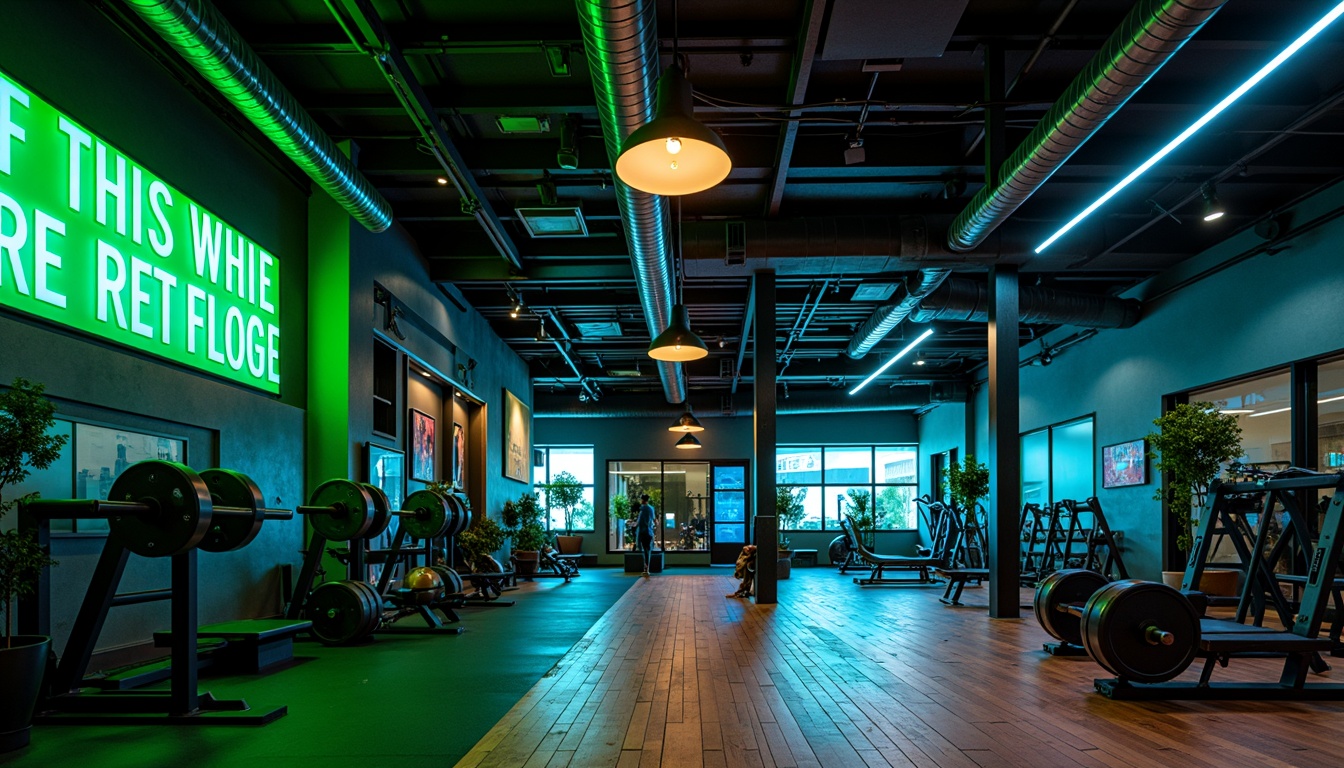 Prompt: Vibrant fitness club interior, bold industrial accents, matte black equipment, neon green highlights, electric blue undertones, motivational quotes, wooden flooring, minimalist decor, modern LED lighting, high-contrast color scheme, urban loft atmosphere, sleek metal beams, energetic vibe, dynamic shadows, 1/2 composition, dramatic low-angle shot, cinematic grading.