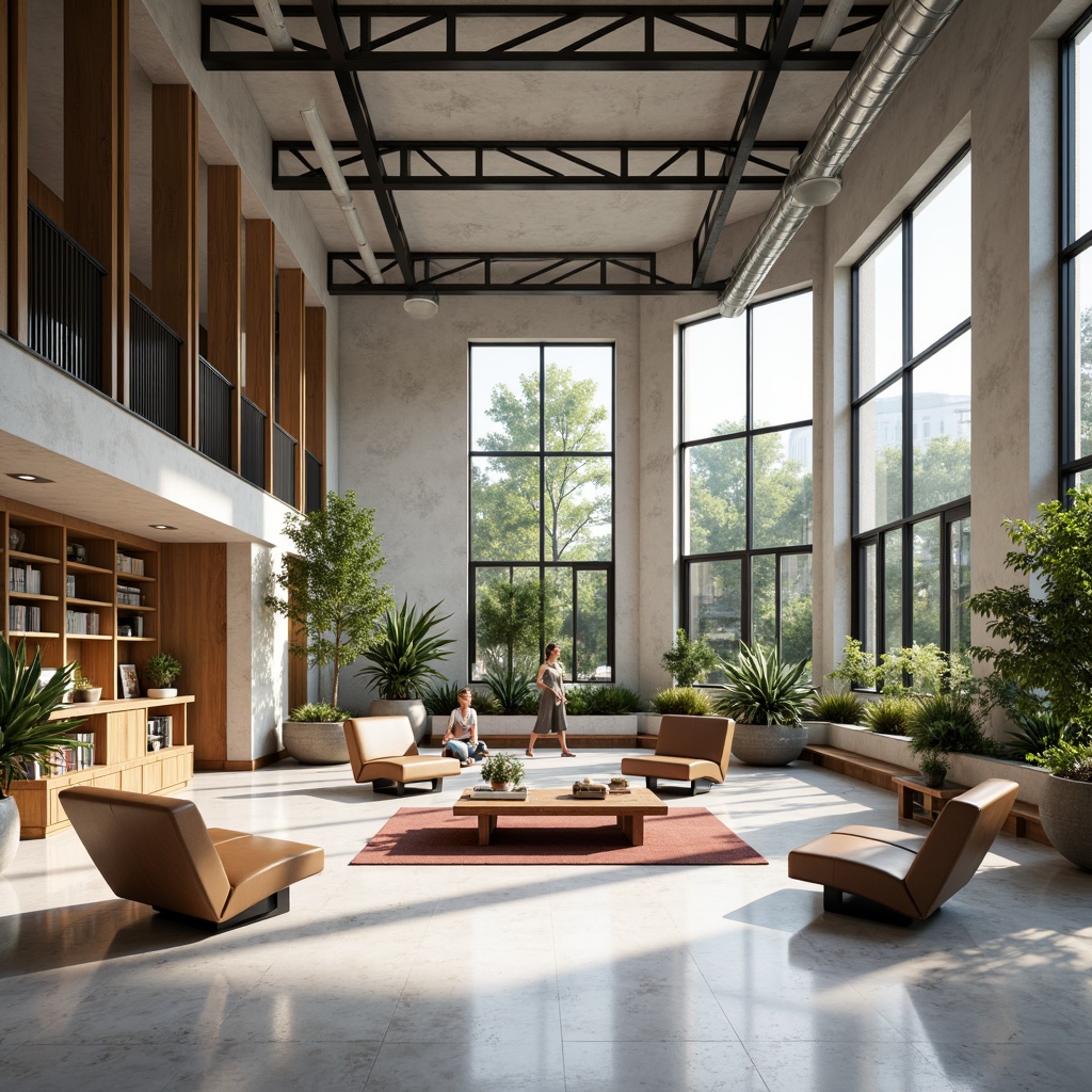 Prompt: Symmetrical composition, harmonious color palette, sleek modern furniture, spacious open layout, natural light pouring in, airy atmosphere, polished marble floors, minimalist decor, greenery accents, industrial chic metal beams, functional shelving units, cozy reading nooks, ambient soft lighting, 1/1 aspect ratio, shallow depth of field, realistic textures, subtle shading effects.