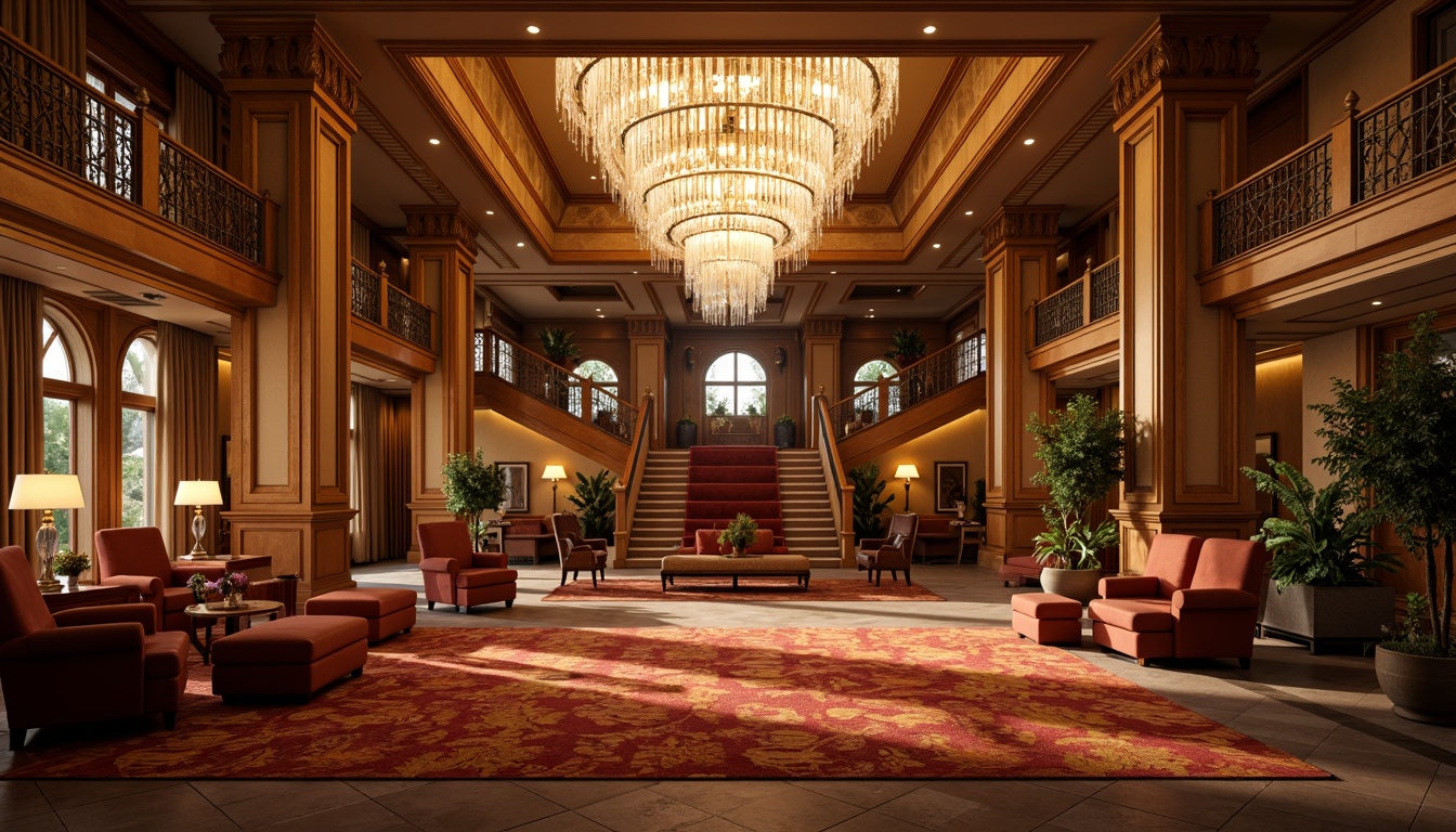 Prompt: Luxurious hotel lobby, warm ambient lighting, crystal chandeliers, ornate furnishings, rich wood tones, velvet drapes, golden accents, intricate moldings, grand staircase, majestic columns, opulent textiles, lavish carpets, soft warm glow, cinematic lighting, dramatic shadows, 3/4 composition, realistic reflections, atmospheric rendering.