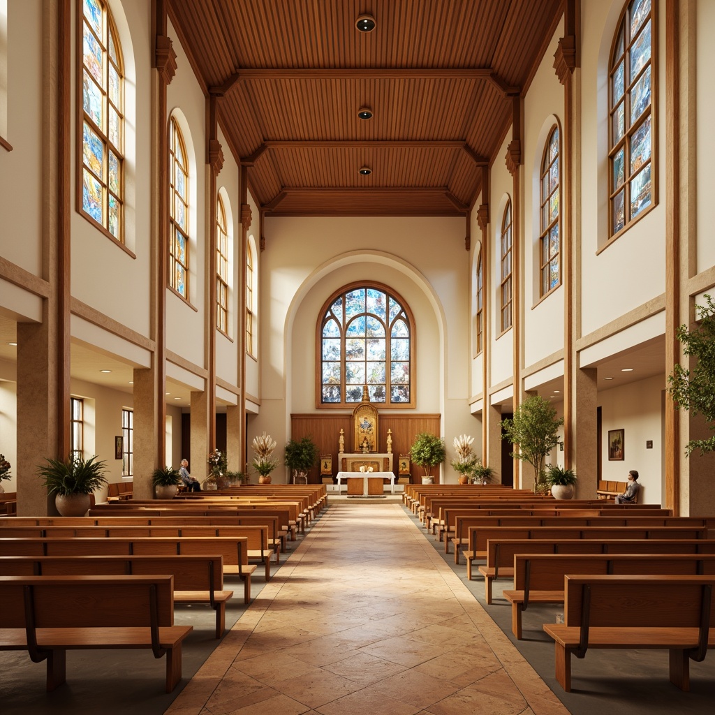 Prompt: Serene worship space, warm beige walls, rich wood accents, soft cream pews, elegant stained glass windows, subtle gold trim, calming blue altarpieces, natural stone floors, earthy terracotta tones, gentle warm lighting, shallow depth of field, 3/4 composition, realistic textures, ambient occlusion.