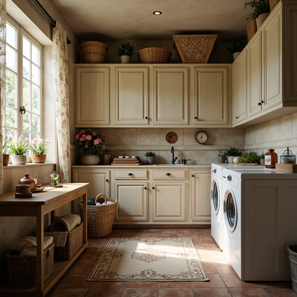 Prompt: Vintage laundry room, distressed wood cabinets, ornate metal hardware, soft pastel colors, lace curtains, floral patterns, rustic stone walls, wooden crates, wicker baskets, linen fabrics, antique washing machines, worn brick floors, natural light, warm beige tones, shallow depth of field, 1/1 composition, romantic ambiance, soft focus, subtle textures.