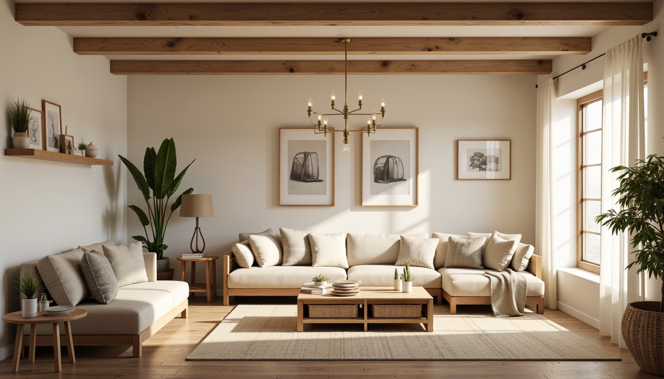 Prompt: Cozy living room, soft warm lighting, minimalist decor, Nordic-inspired furniture, wooden accents, beige walls, cream-colored sofas, natural textiles, woven baskets, pendant lamps, industrial-style chandeliers, brass fixtures, geometric patterns, ambient shadows, 1/1 composition, shallow depth of field, realistic render.