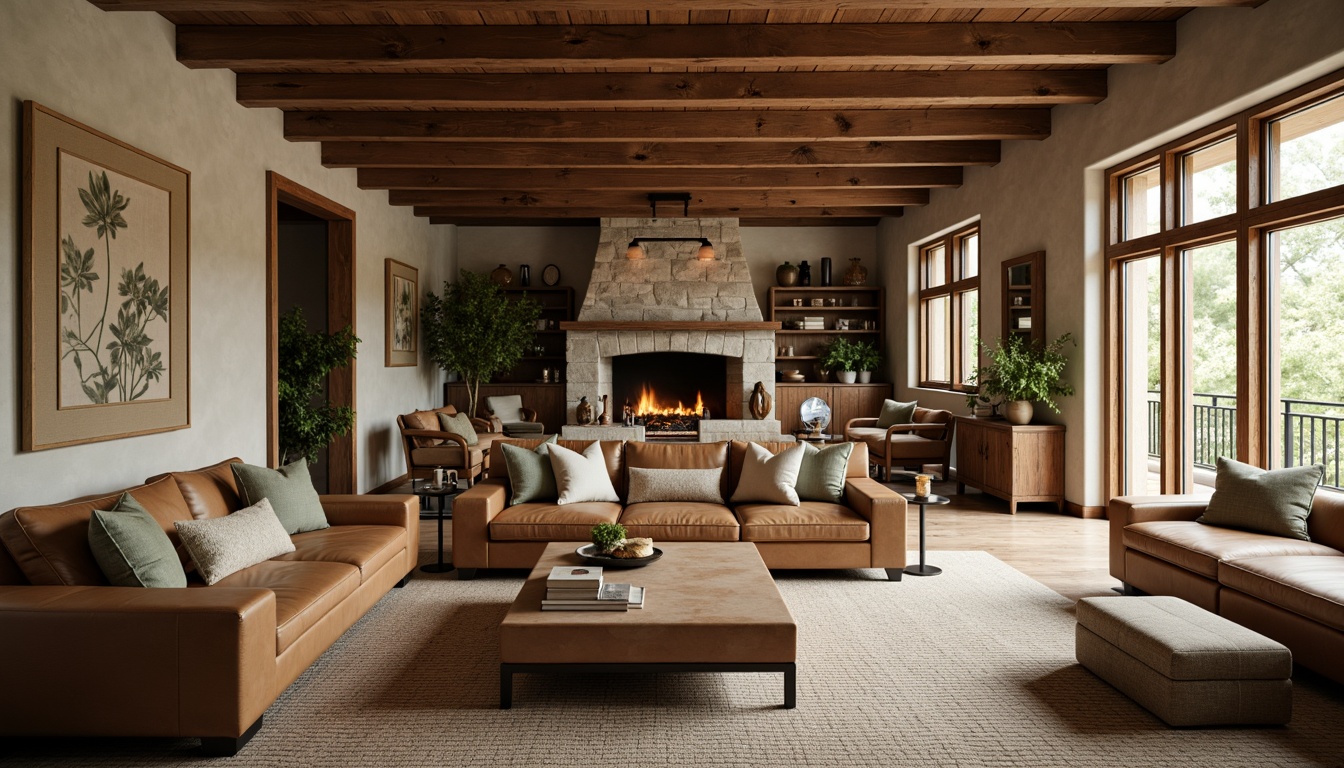 Prompt: Earth-toned wood accents, warm beige walls, rich walnut furniture, vintage bronze hardware, distressed leather upholstery, soft sage greenery, natural linen textiles, rustic stone fireplaces, exposed wooden beams, cozy reading nooks, warm ambient lighting, shallow depth of field, 2/3 composition, realistic textures, earthy color palette.