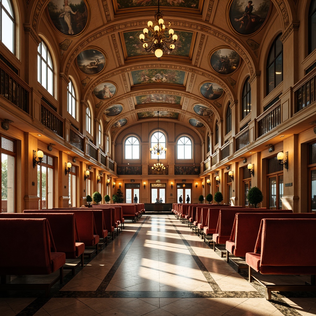 Prompt: Grandiose train station, high ceilings, ornate chandeliers, elegant archways, sophisticated wall murals, refined wood paneling, polished marble floors, luxurious velvet upholstery, stately columns, intricate moldings, vintage luggage racks, classic clock towers, warm golden lighting, shallow depth of field, 1/1 composition, symmetrical framing, realistic textures, ambient occlusion.