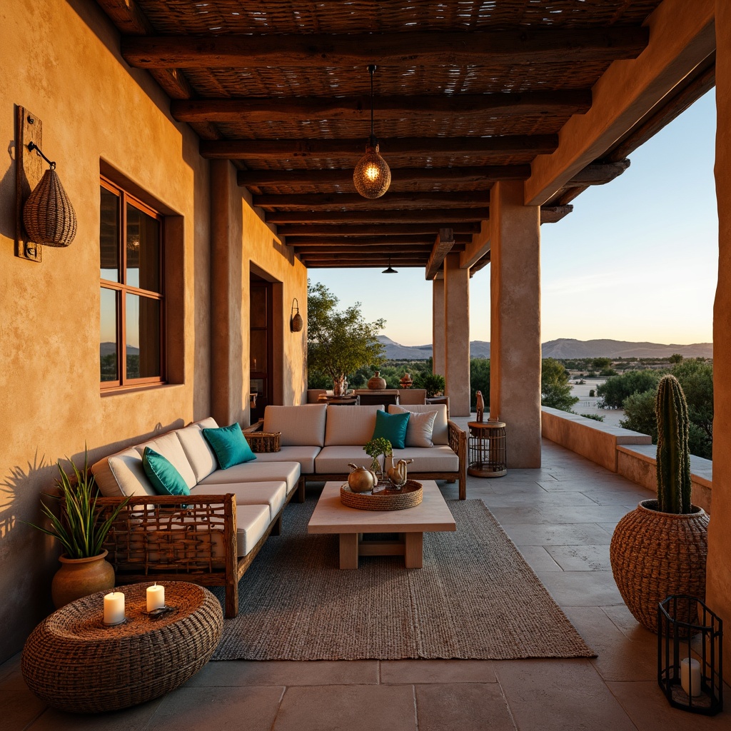 Prompt: Earth-toned adobe walls, rustic wooden beams, woven Native American patterns, vintage turquoise accents, natural stone flooring, plush desert-inspired textiles, warm candlelight, soft sunset hues, cozy nooks, woven basket furniture, clay pottery vases, lush cacti arrangements, arid landscape views, sandy dunes, clear blue skies, warm golden lighting, shallow depth of field, 3/4 composition, realistic earthy textures, ambient occlusion.