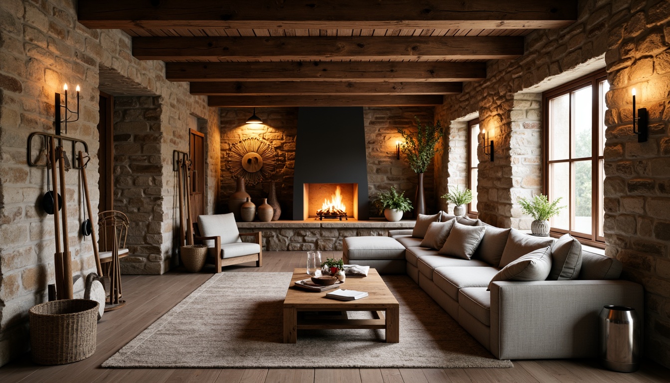 Prompt: Rustic farmhouse interior, reclaimed wood accents, natural stone walls, earthy color palette, vintage farm tools, woven textiles, linen upholstery, wooden beams, exposed brick ceiling, cozy fire pit, candlelight ambiance, soft warm lighting, shallow depth of field, 3/4 composition, realistic textures, ambient occlusion.