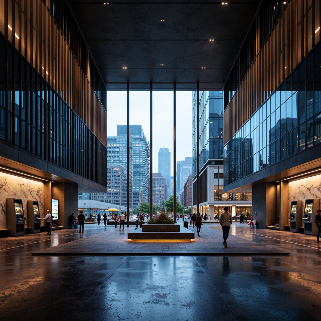 Prompt: Futuristic bank interior, sleek metal accents, dark reflective glass surfaces, neon-lit holographic displays, high-tech ATMs, minimalist marble floors, modern geometric patterns, bold color contrasts, ambient LED lighting, shallow depth of field, 3/4 composition, realistic textures, ambient occlusion, urban cityscape, towering skyscrapers, bustling streets, rainy day, misty atmosphere, soft warm glow, abstract digital art, futuristic typography.