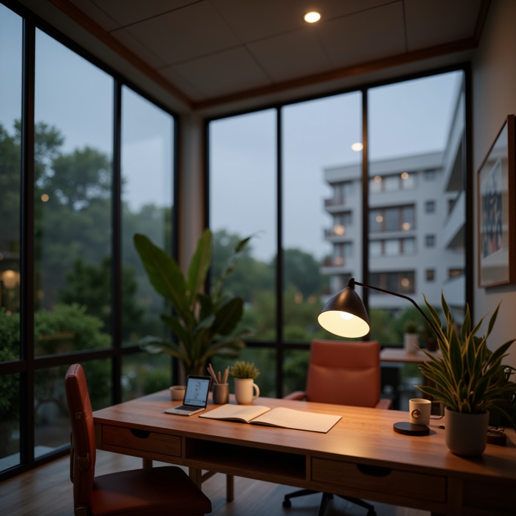 Prompt: Cozy home office, modern desk lamp, soft warm glow, task lighting, overhead ceiling light, floor-to-ceiling windows, natural daylight, minimalist decor, ergonomic chair, wooden furniture, calm color scheme, greenery plants, subtle textures, shallow depth of field, 1/1 composition, realistic renderings, ambient occlusion.