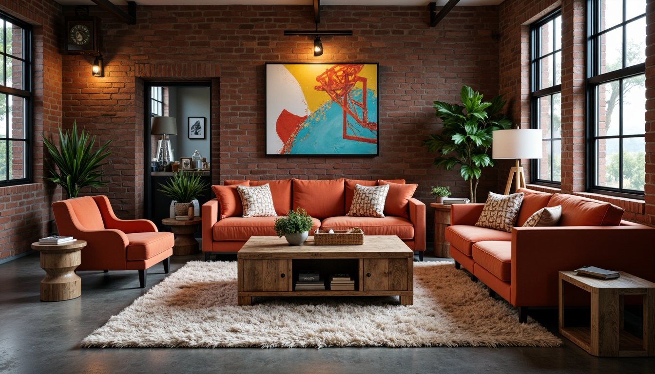 Prompt: Vibrant living room, eclectic furniture arrangement, plush area rug, abstract artwork, metallic accents, reclaimed wood coffee table, velvet sofa, geometric patterned throw pillows, industrial metal lighting fixtures, exposed brick wall, polished concrete floor, warm ambient lighting, shallow depth of field, 2/3 composition, dynamic camera angles, realistic material textures, subtle atmospheric effects.