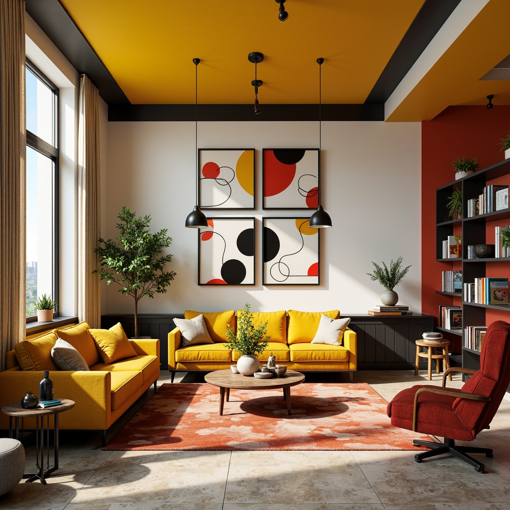 Prompt: Vibrant Bauhaus-inspired interior, bold geometric shapes, primary color accents, stark black lines, crisp white backgrounds, rich wood textures, metallic industrial materials, functional minimalist decor, abstract artwork, eclectic vintage furniture, warm yellow lighting, shallow depth of field, 2/3 composition, realistic reflections, ambient occlusion.