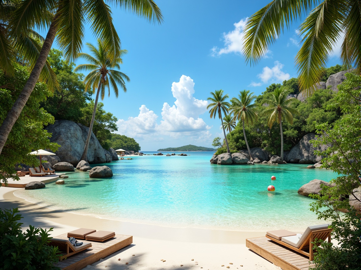 Prompt: Vibrant tropical islands, lush green palm trees, exotic floral patterns, warm sandy beaches, crystal-clear turquoise waters, bright coral reefs, colorful beach balls, rustic wooden docks, refreshing coconut drinks, lively summer vibes, sunny cloudless skies, soft warm lighting, shallow depth of field, 3/4 composition, panoramic view, realistic textures, ambient occlusion, pastel pink hues, minty fresh greens, creamy whites, rich wood tones, bold citrus yellows, deep ocean blues.