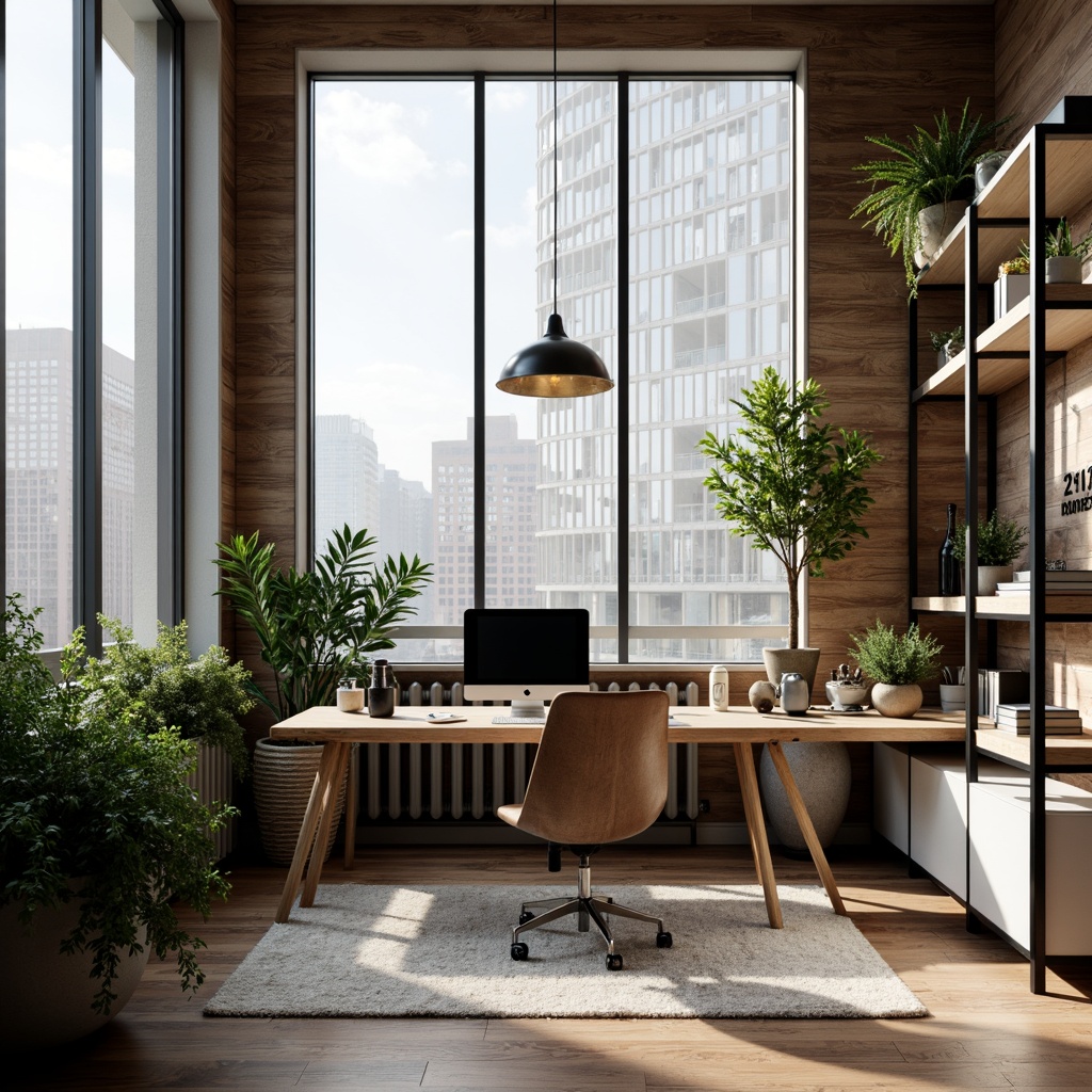 Prompt: Modern home office, minimalist decor, wooden desk, ergonomic chair, floor-to-ceiling windows, natural light, urban cityscape view, greenery, potted plants, industrial chic accents, metal shelving units, reclaimed wood walls, cozy reading nook, plush area rug, warm task lighting, sleek laptop stand, organized cable management, inspirational quotes, geometric patterned wallpaper, abstract artwork, calm atmosphere, shallow depth of field, 1/1 composition, realistic textures, ambient occlusion.